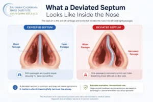 Educational infographic showing how a deviated septum is evaluated through symptom review, nasal examination, endoscopy, and selective CT imaging before treatment planning in Los Angeles.