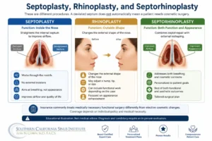 Illustration comparing septoplasty, rhinoplasty, and septorhinoplasty for deviated septum treatment in Los Angeles, including functional and cosmetic differences