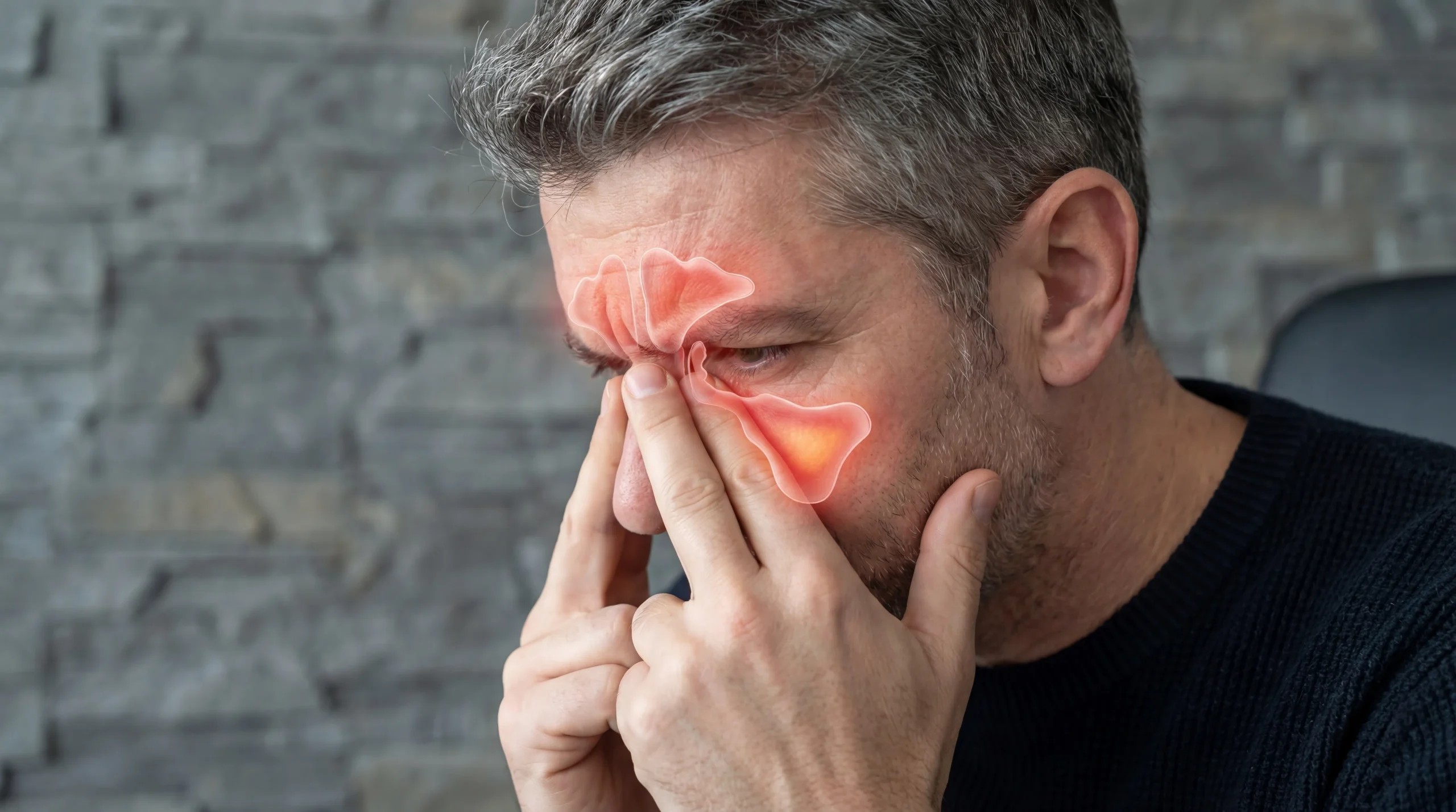Man with hands on his face and sinuses highlighted