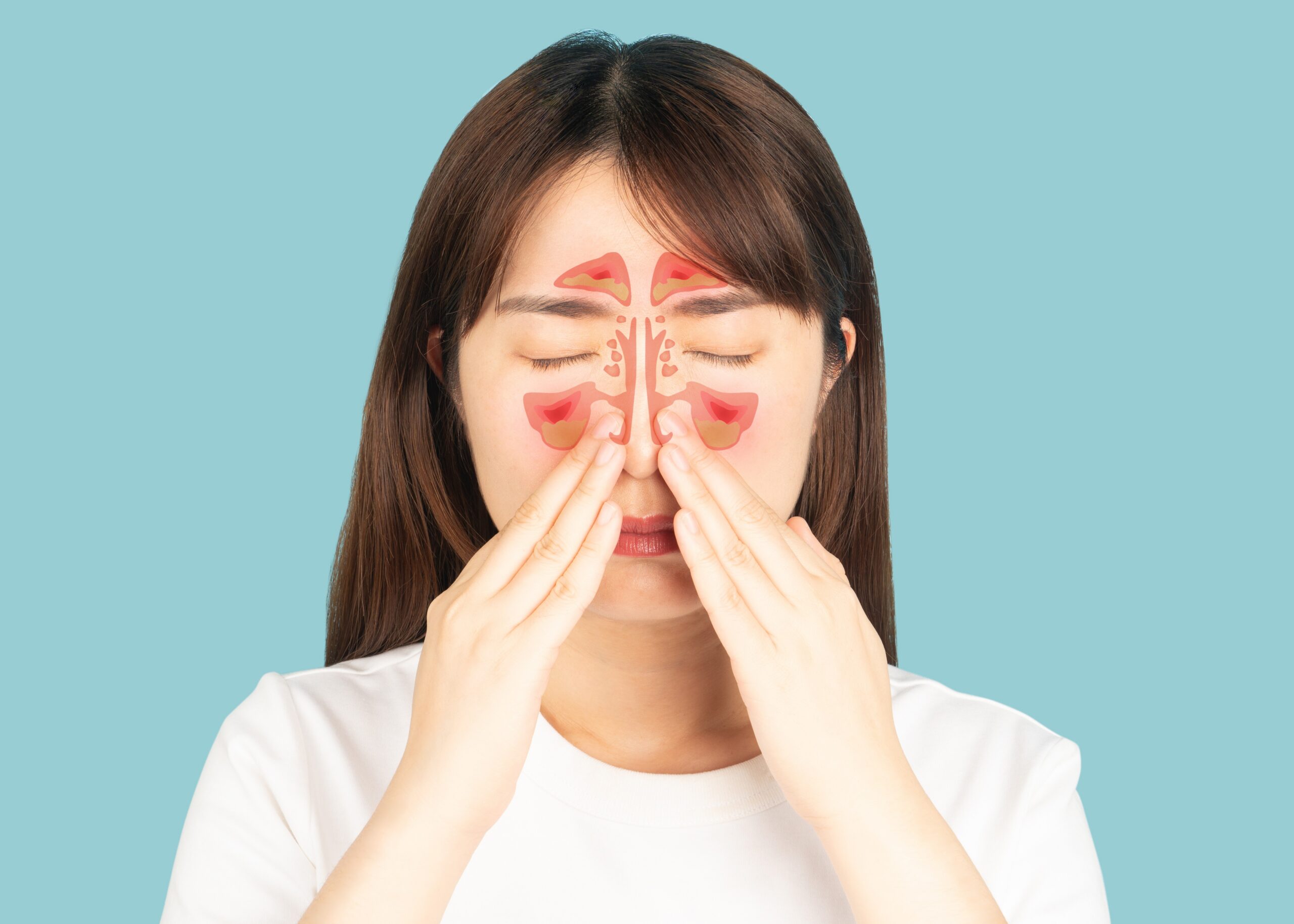 Woman with hands on her face and sinuses highlighted in red