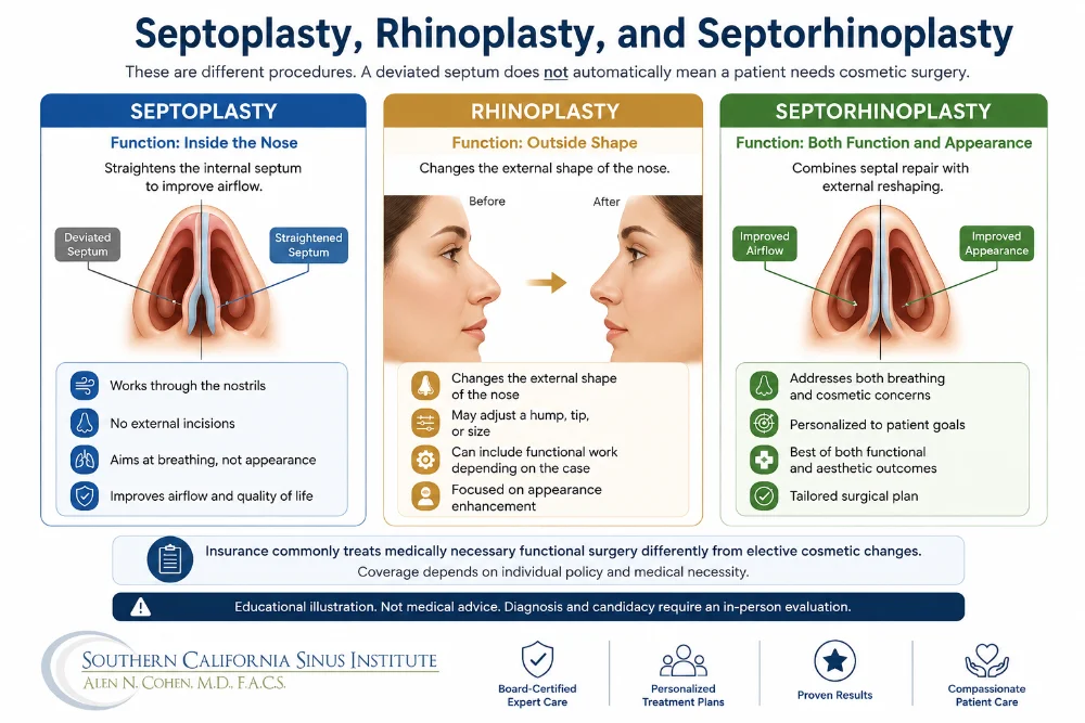 Illustration comparing septoplasty, rhinoplasty, and septorhinoplasty for deviated septum treatment in Los Angeles, including functional and cosmetic differences